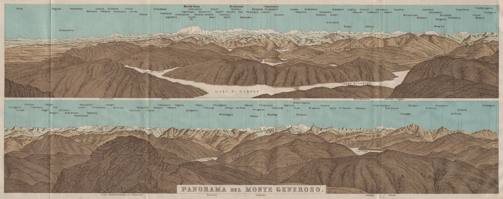 MONTE GENEROSO PANORAMA. Lugano Como Maggiore Rosa Mischabel Disgrazia 1911 map